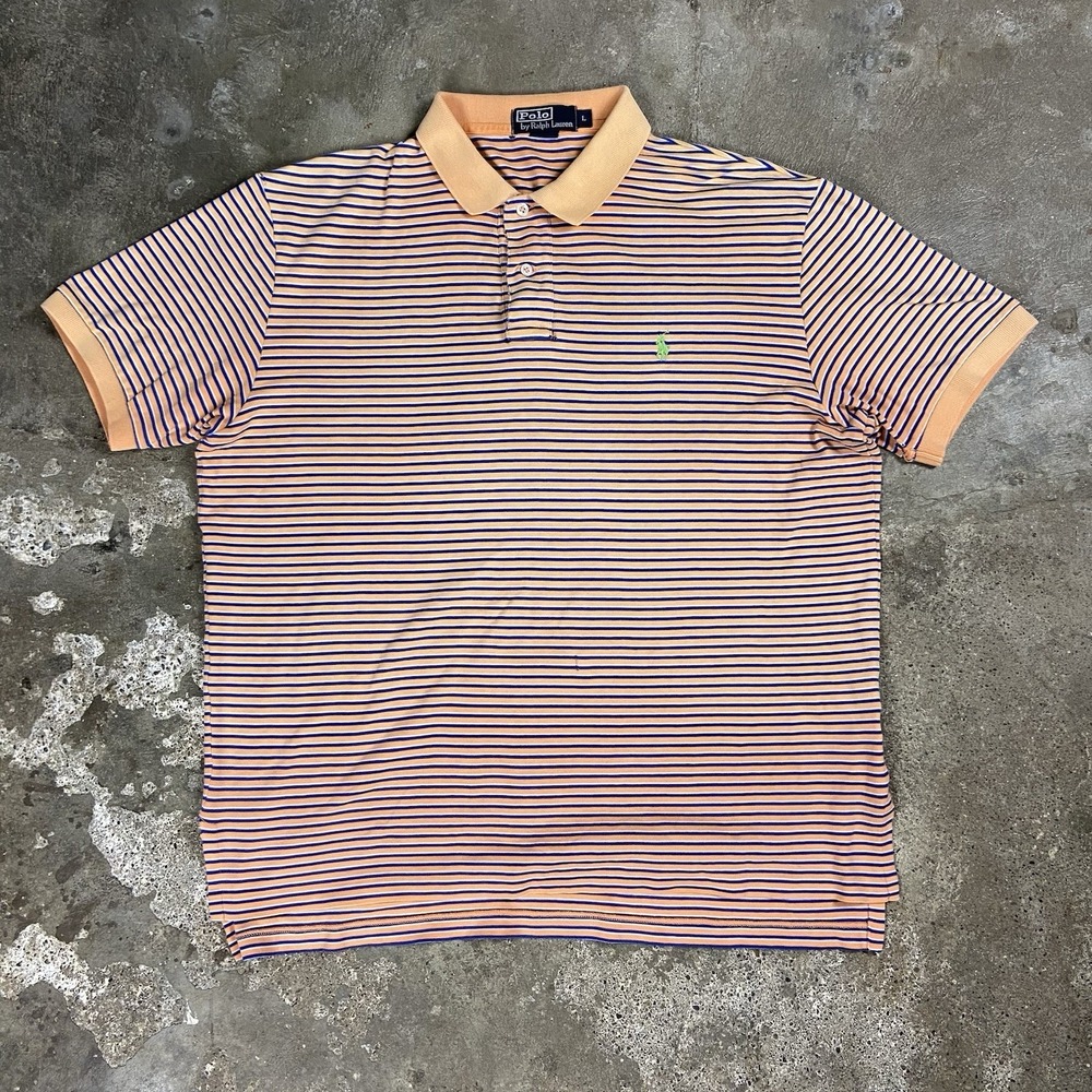 Vintage 90s Polo Ralph Lauren Polo Shirt Size Large Orange Striped Green Pony‎